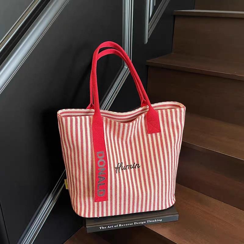2025 New Women's Large Capacity Canvas Tote: Summer Striped Korean Style Shoulder Handbag