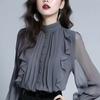 Women Fashion Ruffled Stand Collar Long Sleeve Chiffon Blouse Top