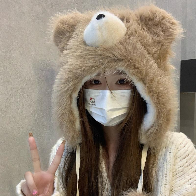 Милая плюшевая шапка с медведем, женская зимняя утепленная шапка-ушанка для северо-востока, для езды на велосипеде, катания на лыжах, для холодной погоды
