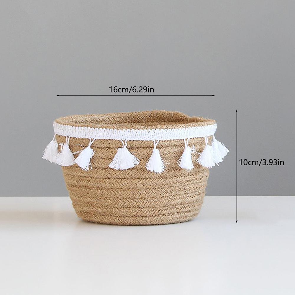 Vintage Jute Woven Storage Basket Nordic Home Cotton Thread Tassel Sorting Box Weaved Organizing Bin for Living Room Decor