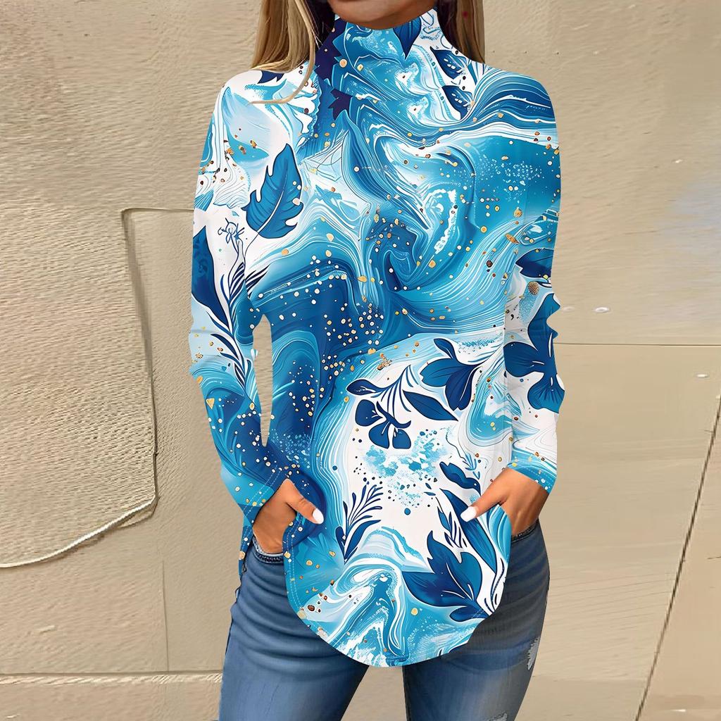 Женская модная повседневная футболка с длинным рукавом с высоким воротом и принтом, пуловер, топ