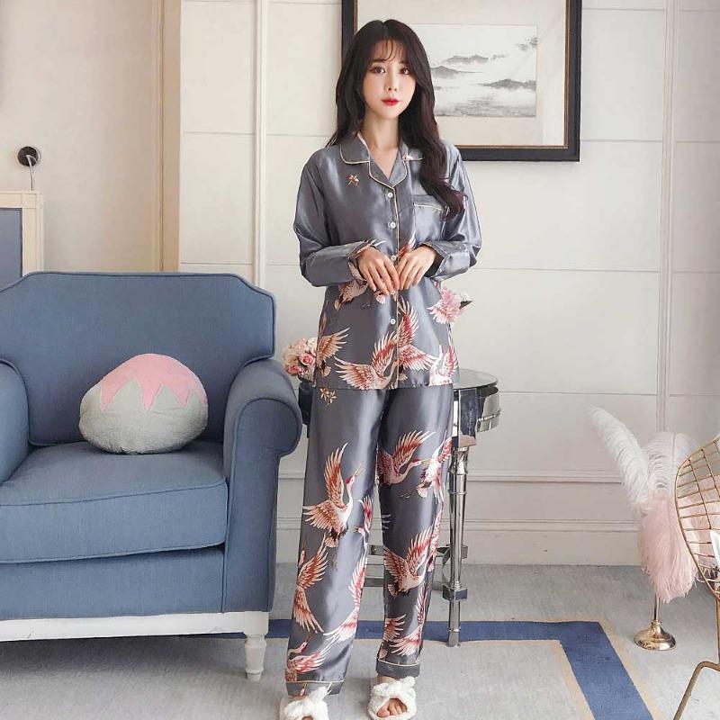 Home Ice Silk Pajamas Female Spring and Autumn Crane Long Sleeve Casual Comfortable Long Sleeve Cardigan Large Size 200 Catties Can Wear Pajamas Set