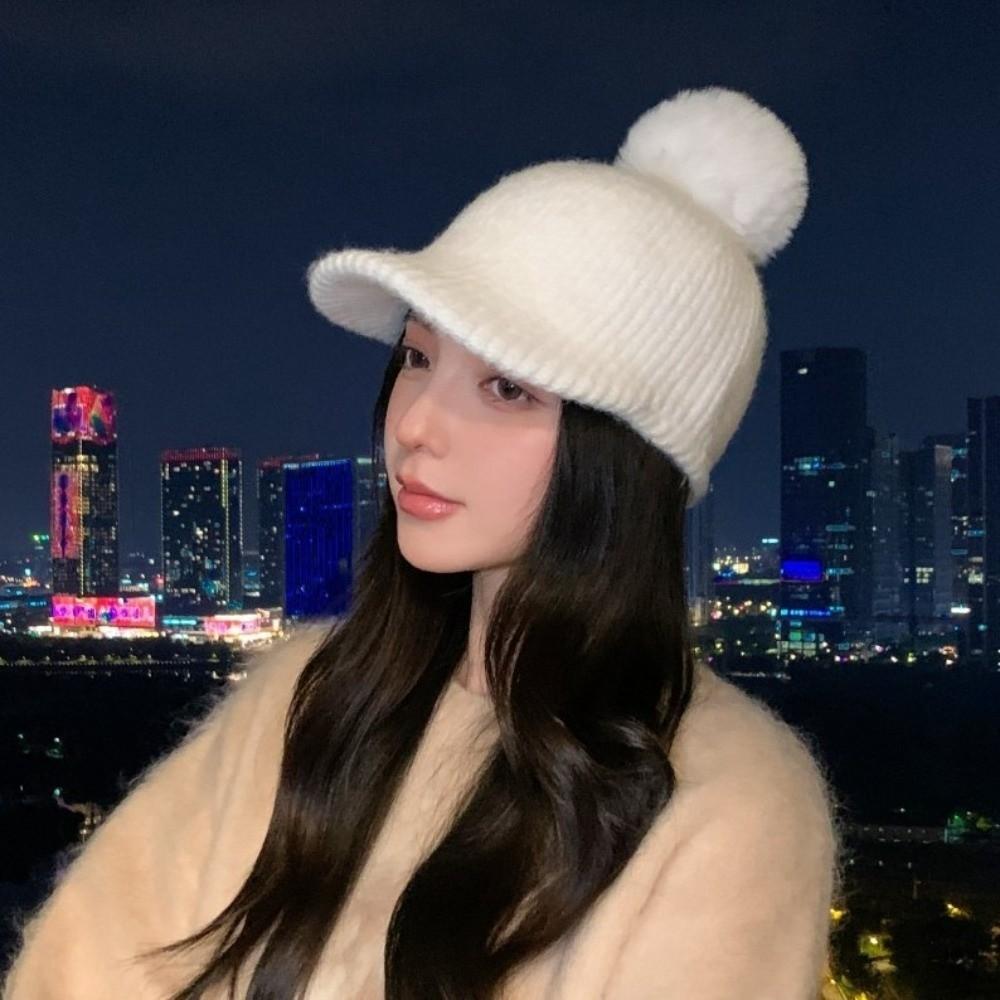 Thermal Warm Wool Cap Windproof Pompom Plush Beanie Fashion Knitted Baseball Cap Skiing