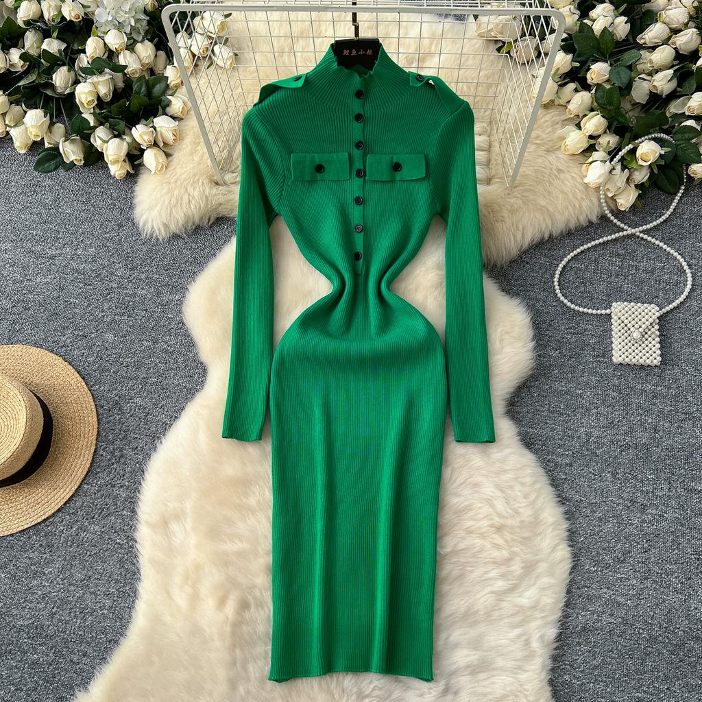 Весна Осень Женский Элегантный Вязаный Свитер со Стойкой Воротником Офисная Работа Длинные Миди Приталенные Платья-Футляры