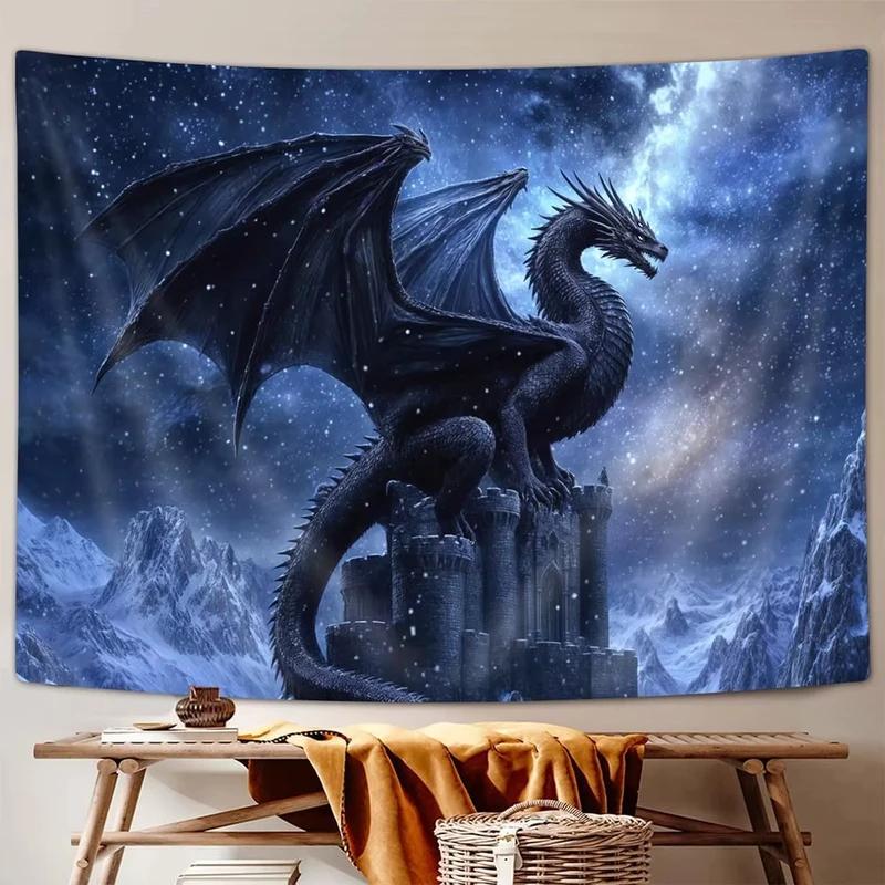 Fantasy Dragon Tapestry Black Dragon on Medieval Castle with Snowy Mountains Wall Hanging Background Cloth for Home