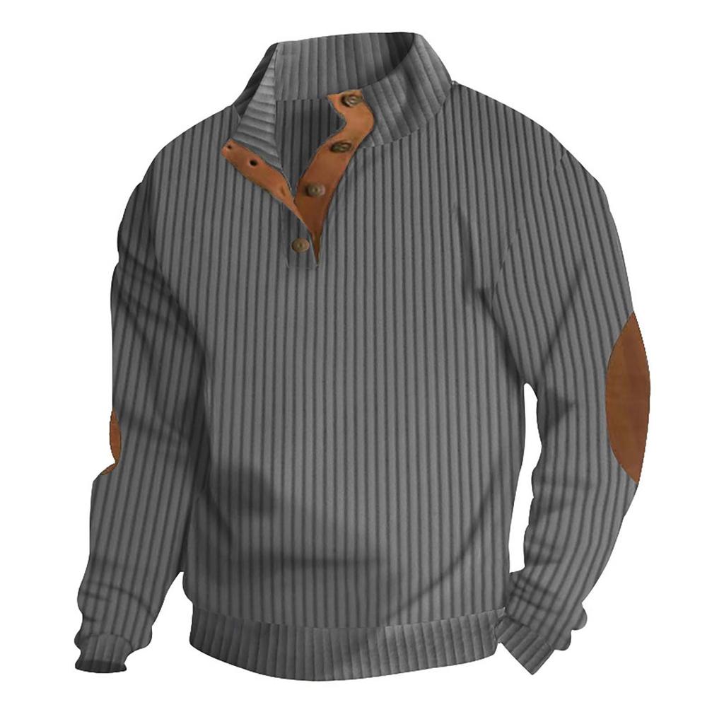 Men's Quilted Sweatshirt Casual Corduroy Quarter Button Up Pullover Long Sleeve Stand Collar