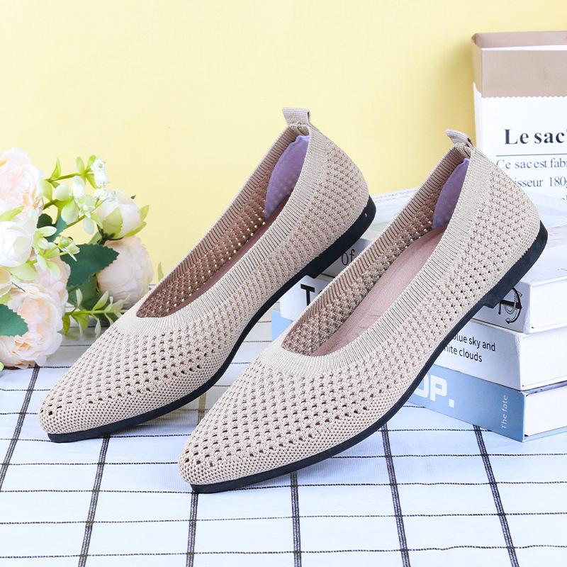 Модные женские туфли весна/лето, новые однотонные туфли с острым плоским каблуком и мягкой подошвой, повседневные дышащие женские трикотажные туфли