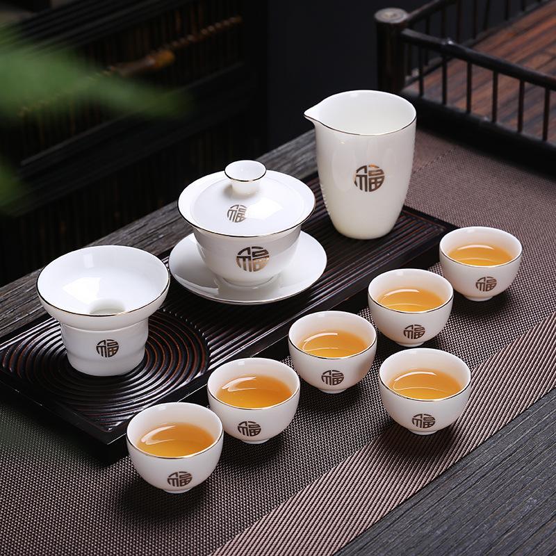 Ceramic white suet jade porcelain kung fu tea set for home use, business company event gifts, Guochao