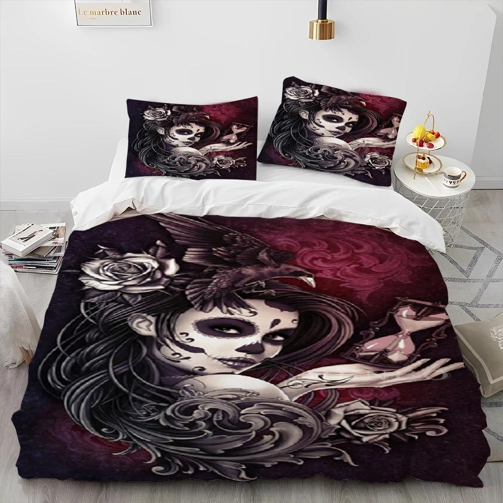 3D Horror Gothic Female Skull Dead Girl Comforter Bedding Set,Duvet Cover Bed Set Quilt Cover Pillowcase,Queen Size Bedding Set