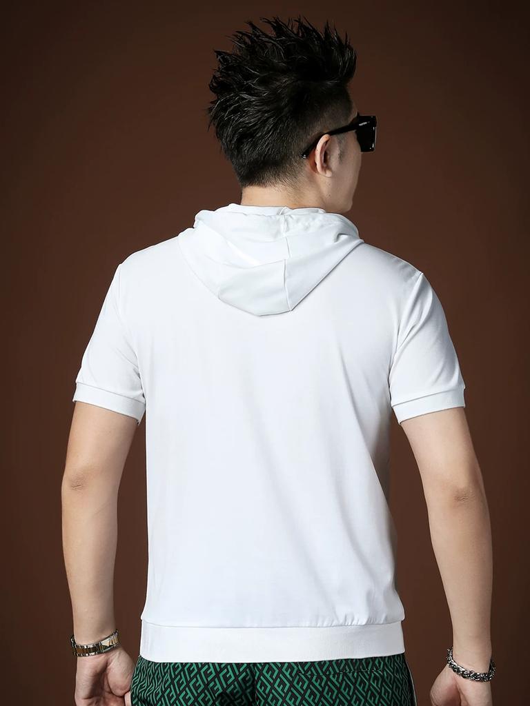 Ozhouzhan Men's Sports Hood Short sleeve T-shirt Summer New Eagle Laser Print Half Sleeve Hoodie Men's Clothing
