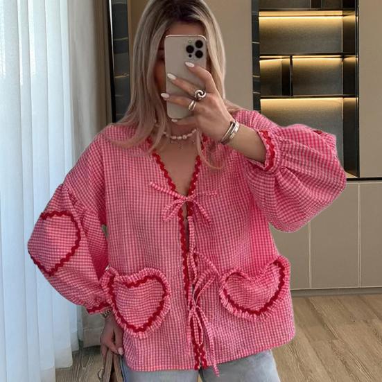 Женская повседневная рубашка с v-образным вырезом, топ с длинными рукавами и завязкой спереди, клетчатый принт, декор в виде сердца, свободная рубашка, топы, уличная одежда