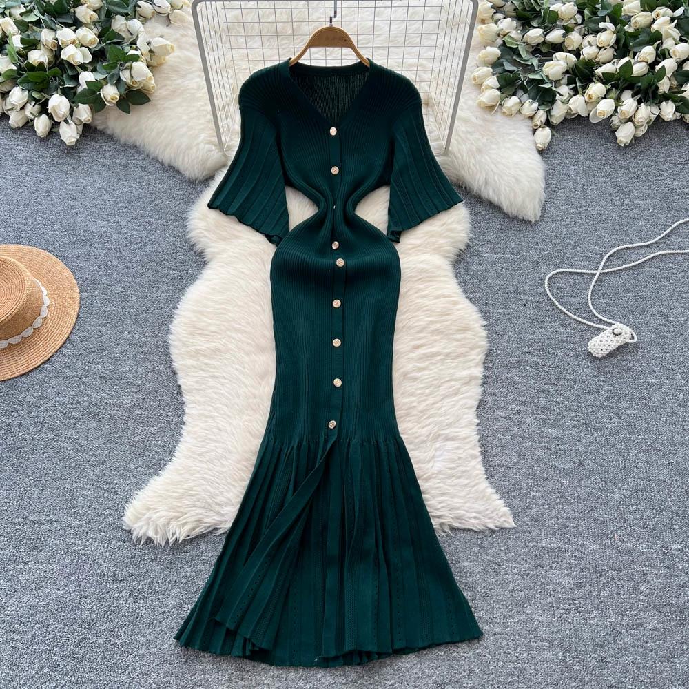Летние женские элегантные платья-свитера облегающего кроя с V-образным вырезом и застежкой на одну пуговицу, длинные макси с юбкой «рыбий хвост»