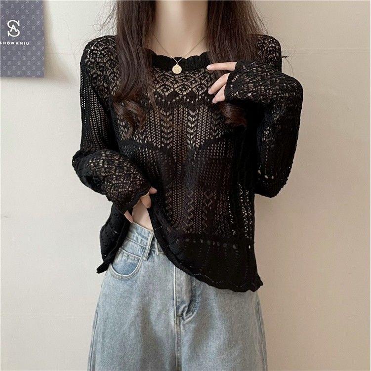 Hollow Out Long Sleeved Knitted Sweater for Women Thin and Chic Retro Japanese Lazy Sunscreen Top