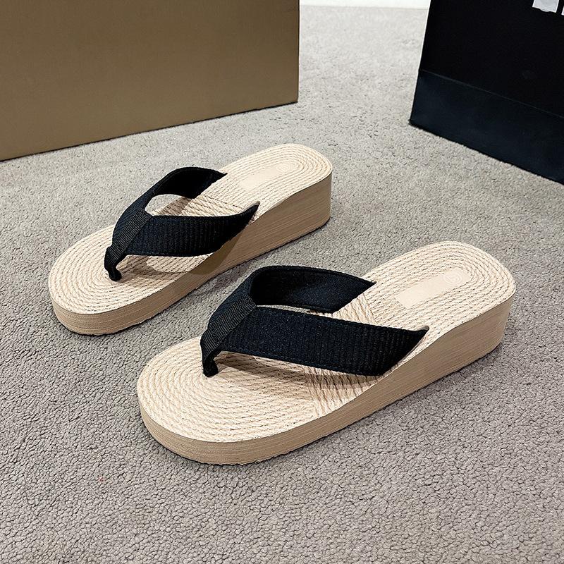 Straw travel hemp bottom slope heel slippers wear flip-flops non-slip pinch foot beach shoes