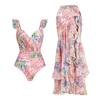 2024 New Sexy Swimwear Women Floral Print One Piece Swimsuit and Mesh Splicing Sarong