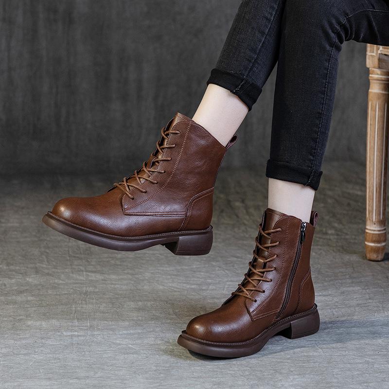 Женская ретро-британская обувь 2024 года, осень и зима, кожаные круглые, тонкие, мягкие, женские туфли, короткие ботинки