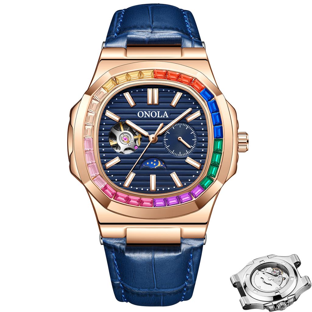 Tourbillon Hollowed Out Fully Automatic Mechanical Watch Men's Diamond Studded Moon Phase Dial Waterproof Luminous Watch Holiday Gift Watch