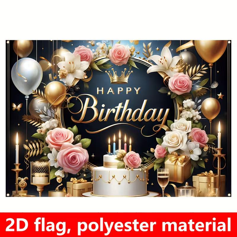 2D Black Gold Floral Birthday Backdrop Home Party Celebration Photo Background