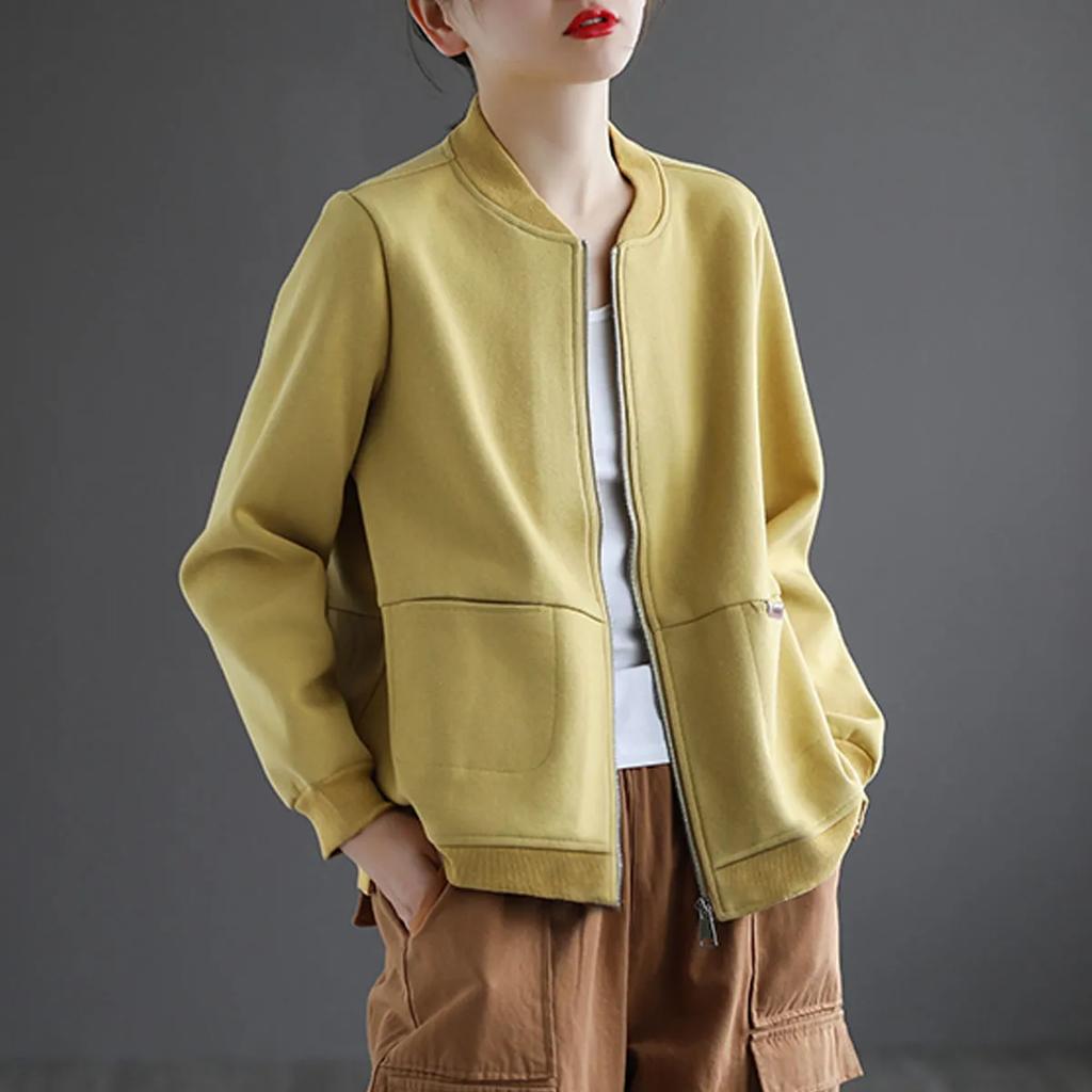 Women's Spring and Autumn Short Solid Color Jacket Loose Zipper Round Neck Casual Baseball Apparel
