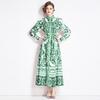 Spring Autumn Yellow Green And White Porcelain Print Loose Robe Women's Turtleneck Long Lantern Sleeve Lace Up Bandage Maxi Dresses