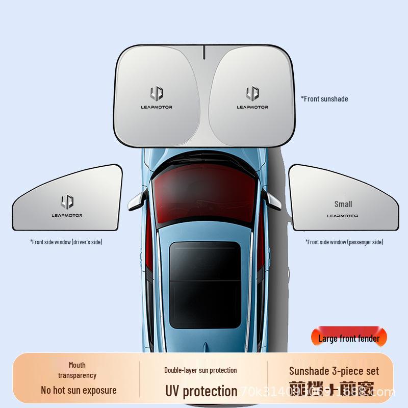 Комплект солнцезащитных штор для автомобиля Leapmotor: Модели C10, C11, C16, T03, A10, LAFA5 - 5-компонентные солнцезащитные шторки для лобового и боковых стекол.