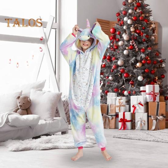Flannel Lounge Jumpsuit with Exclusive Animal Hat Bright Colored Pajamas Long Sleeve Starry Pattern Cartoon Style Lounge Kids Daily Wear