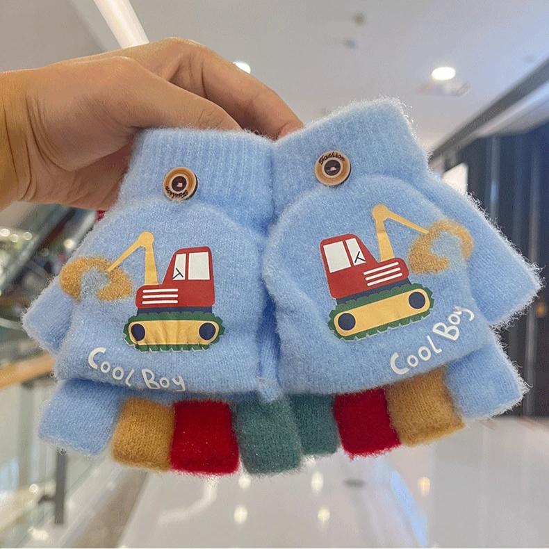 Мультяшные зимние перчатки для мальчика, милые экскаваторные толстые теплые детские варежки с полупальцами, ветрозащитные детские перчатки для отдыха на природе