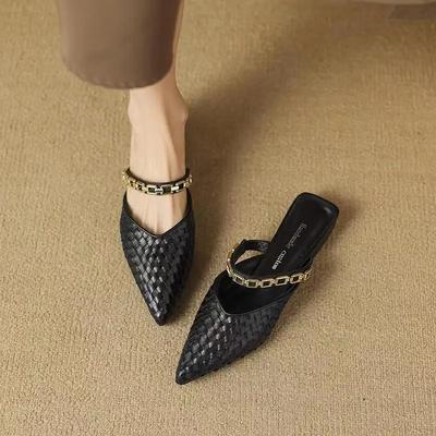 Горячая Распродажа Летний Новый Стиль Роскошные Балетки с Острым Носком на Каблуке Повседневные Однотонные Уличные Носимые Полубосоножки Модные Шлепанцы