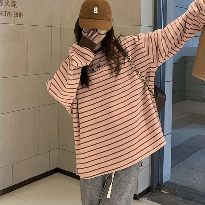 Pink Striped Long-sleeved T-shirt for Women Loose Inner Wear Autumn New Thin Round Neck Sweatshirt for Female Students