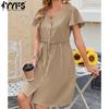 Women's Fashion Summer Spring Solid Color Print Short Sleeve V-Neck Middle Waistline Casual Dresses