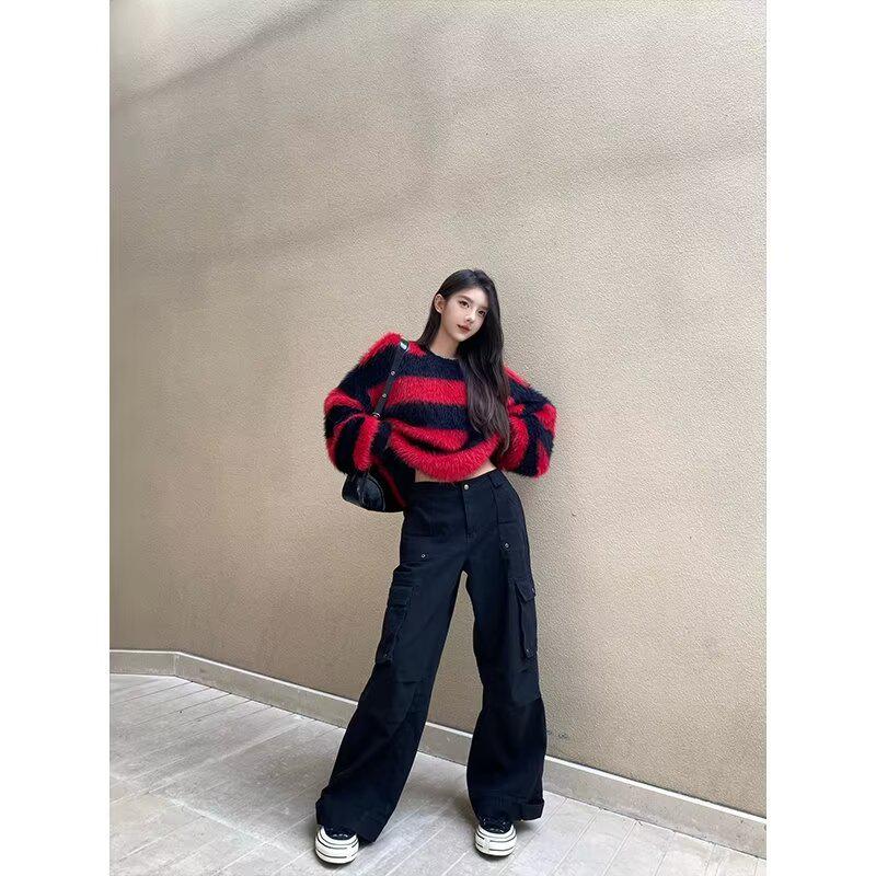 Мужская толстовка Cross-Border 2023 года: Вязаный свитер с круглым вырезом в черно-красную полоску на весну и осень.