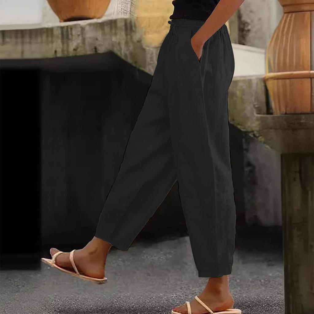 Women's Fashion Loose Cotton Linen Solid Color Casual Side Pocket Elastic Drawstring Trousers