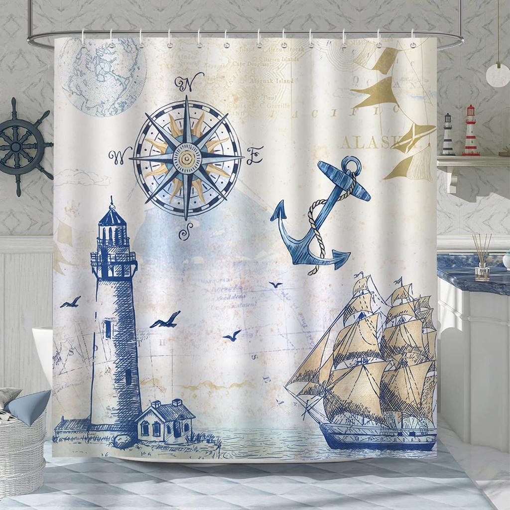 Nautical Sailboat Shower Curtain Ocean Lighthouse Compass Anchor Starfish Seashell Bathroom Decor Fabric Curtains with Hooks