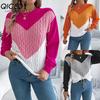 Autumn and Winter Casual Color-block Twisted Lantern Sleeve Pullover Sweater for Women