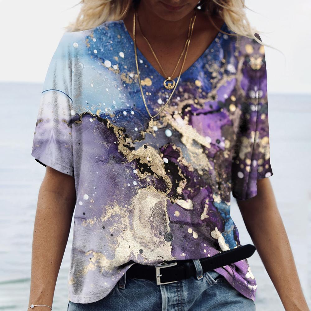 Летняя новая женская футболка с 3D-градиентным цветным принтом, модная, с коротким рукавом