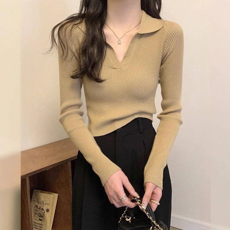 Spring Niche Temperament Elastic Slim and Thin Versatile Long-sleeved Lapel Bottoming Knitted Sweater Women