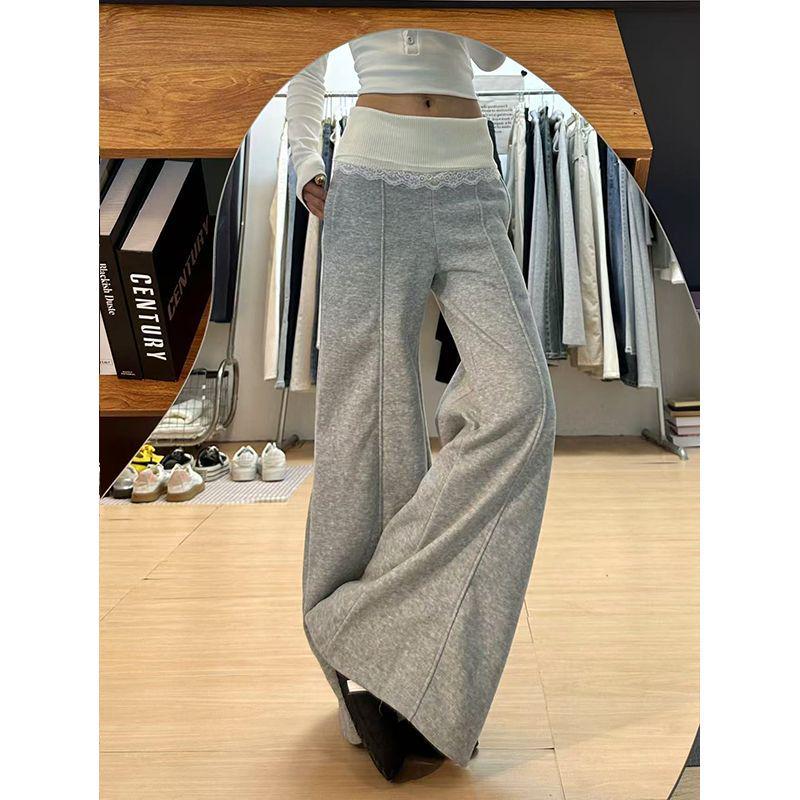 Женские осенние вязаные брюки с кружевом на флисовой подкладке с широкими штанинами - Универсальные, повседневные, длиной до пола спортивные брюки