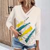 Womens 3/4 Sleeve Daily Weekend V Neck Casual Printed Tshirts Loose Fit Pleated Tees Ladies Blouse