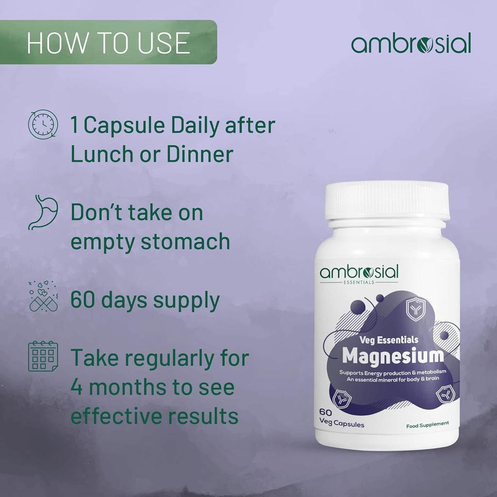 AMBROSIAL Magnesium Complex Food Supplement Increases Muscle Functions Reduces Tiredness Boosts Energy Levels 60 Vegan Capsules
