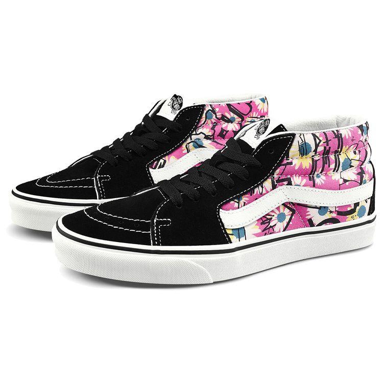 Vans Sk8 Floral Graffiti Canvas Retro Casual Mid-Top Skate Shoes Unisex Sneakers Black White Purple VN0A3WM31IY