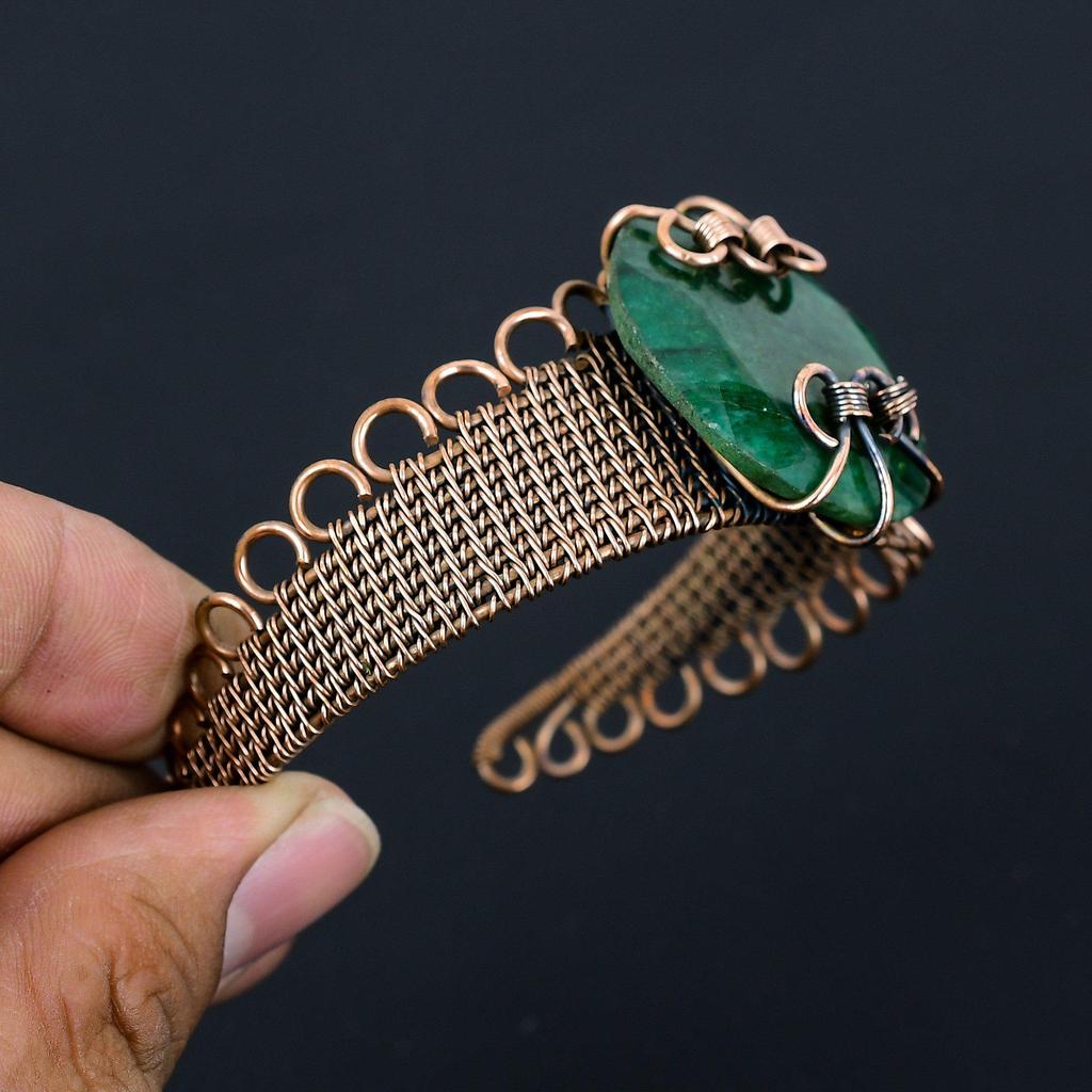 Lab-Created Emerald Gemstone Pure Copper Wire Wrapped Handmade Cuff/ Bangle Jewelry