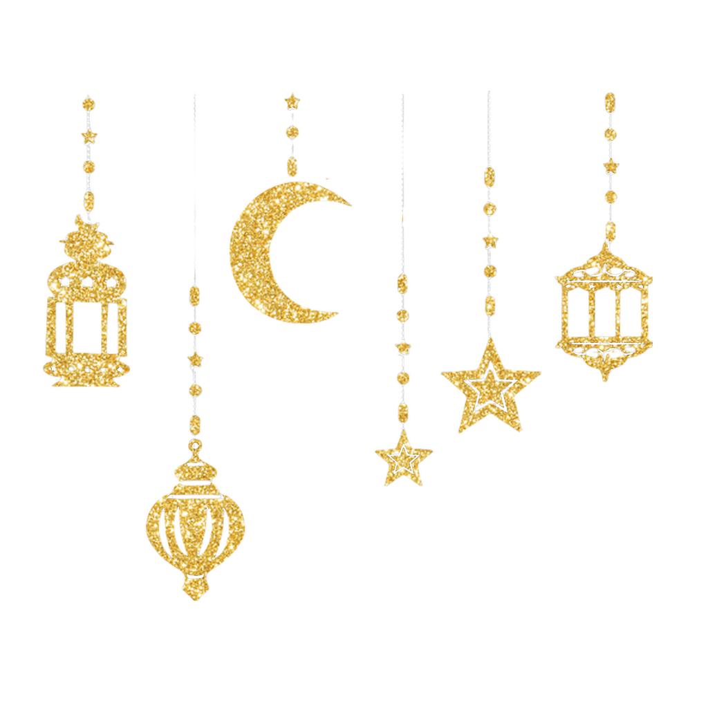6Pcs Eid Mubarak Islamic Muslims Party Supplies Glittering Banners Star Moon Hanging Ornaments Ramadans Festival Decors