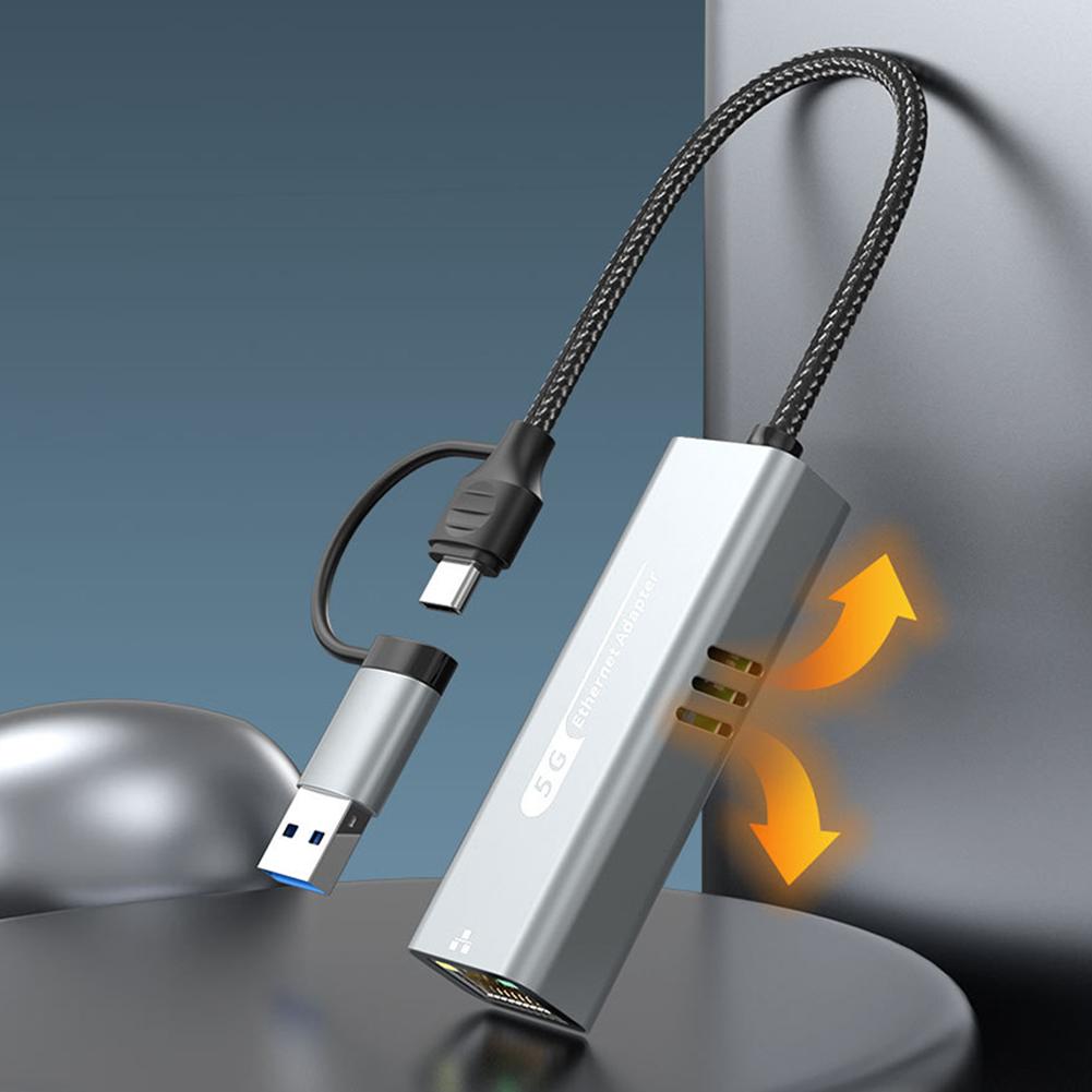 2-в-1 USB/Type C на Ethernet-адаптер 5000 Мбит/с RJ45 в Type C Ethernet-конвертер USB-C LAN-адаптер для Windows 10/11 и Mac OS