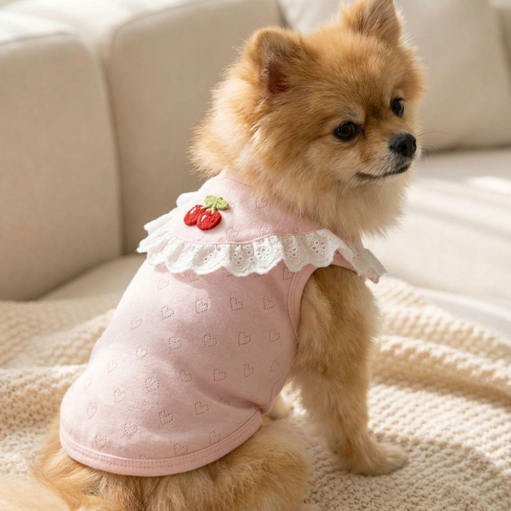 Ruffled Collar Dog Lace Vest Thin Soft Breathable Puppy T-Shirt Cherry Pattern Comfortable Pet Outfits For Small Dogs