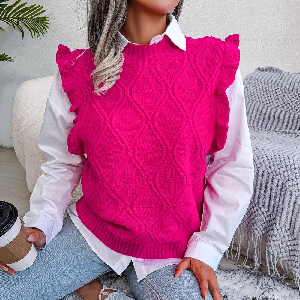 Women Autumn Winter Fungus Trim Diamond Knit Tank Top Sweater O Neck Solid Color All Match Knitted Tops S-L