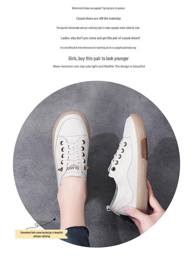 Women's Korean Style White Elastic Band Slip-on Sneakers - Soft Sole, Hollow Design Leather Flats