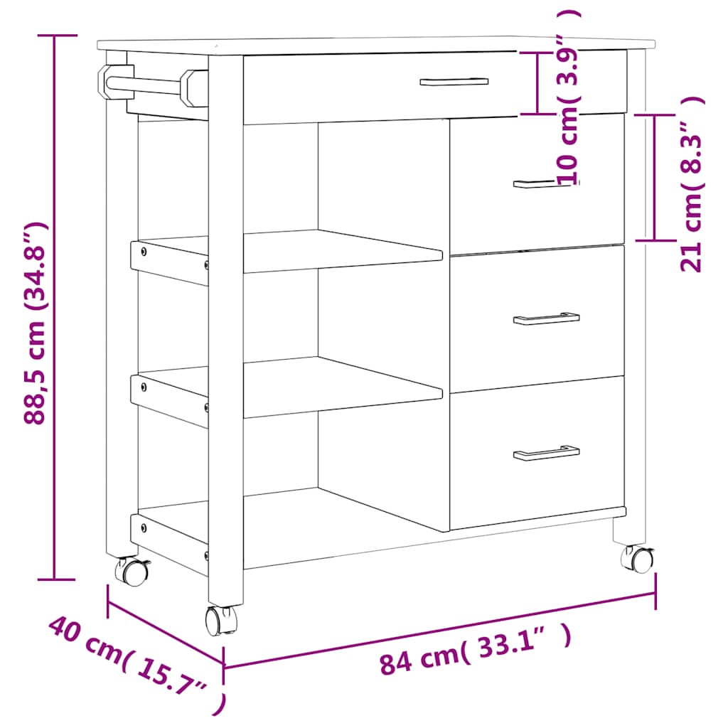 Kitchen Trolley MONZA 84 x 40 x 88.5 cm Solid Pine Wood
