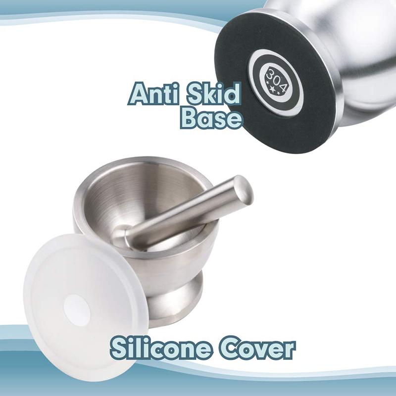 18/8 Stainless Steel Mortar and Pestle Spice Grinder with Silicone Dust Cover, Anti Slip Base and Comfy Grip - Dishwasher Safe