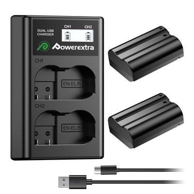 Комплект из двух USB-зарядных устройств Powerextra для камер Nikon D850 EN-EL15a, EN-EL15b, EN-EL15c Zf, Z8, Z7, Z7II, Z6, Z6III, D7500, D7000, D7100, D7200, D500,