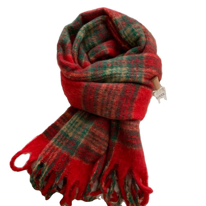 Atmospheric Blue Plaid Scarf for Women In Autumn and Winter Retro Mohair Warm and Thickened Long Tassel Shawl Scarf